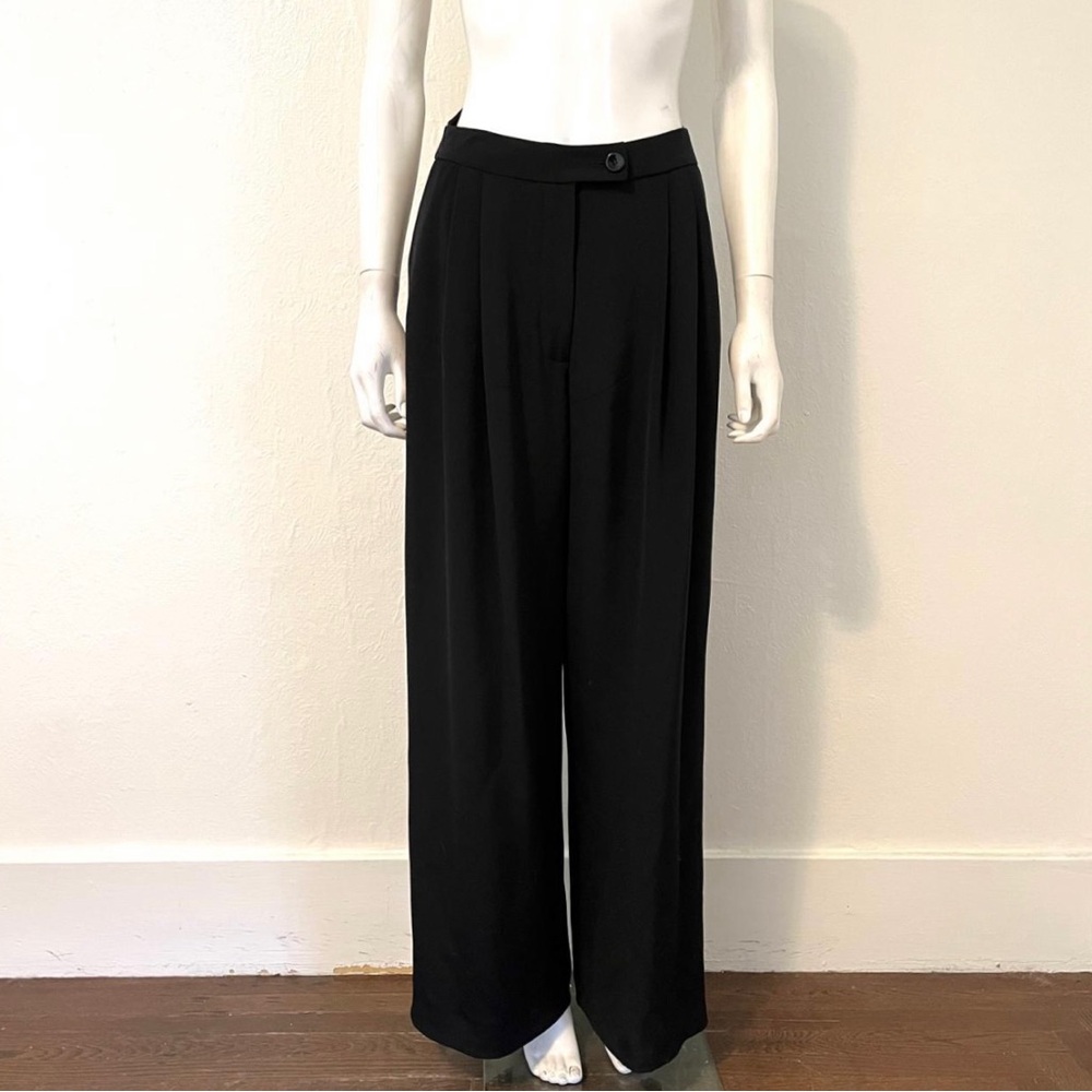 Carolina Herrera 100% Silk Black Wide Leg Dress Pants High Waist Pockets Size 4